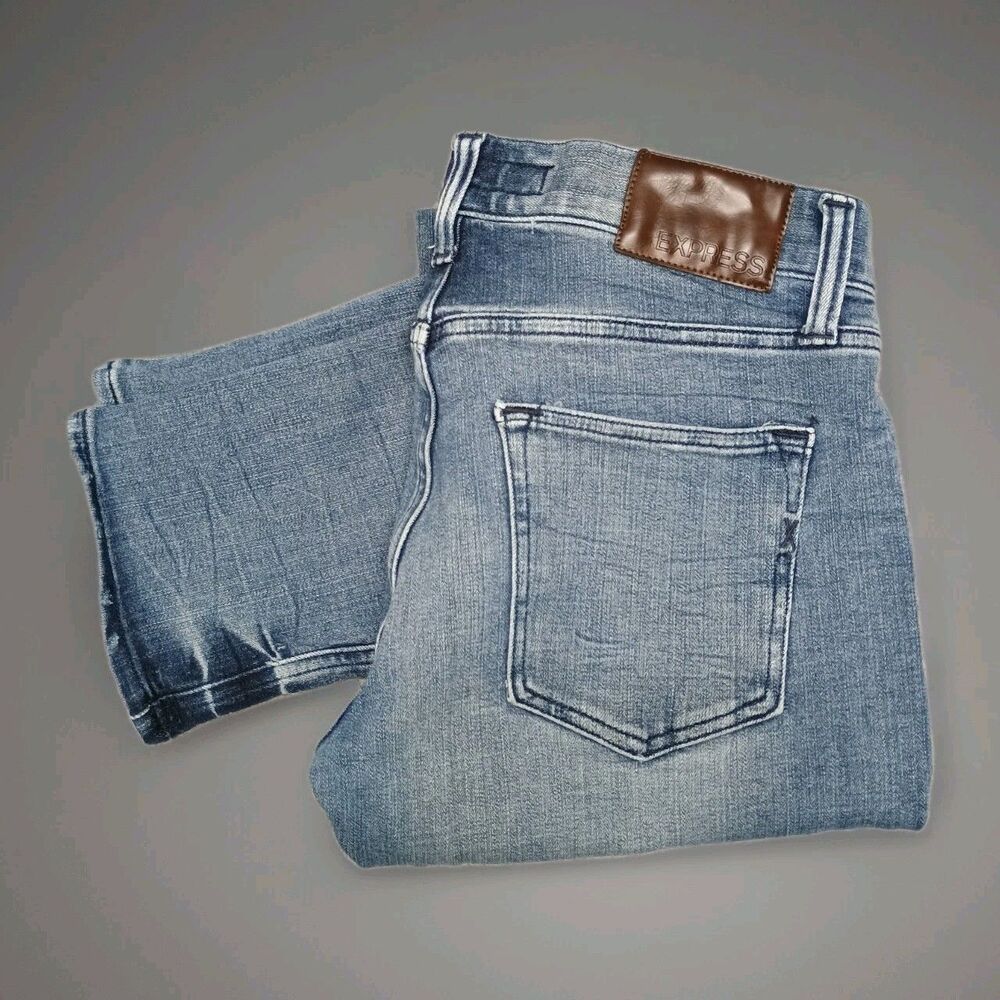 Express Mens Slim Hyper 4 way Stretch Jeans 29 x 32 tag size Distressed Washed
